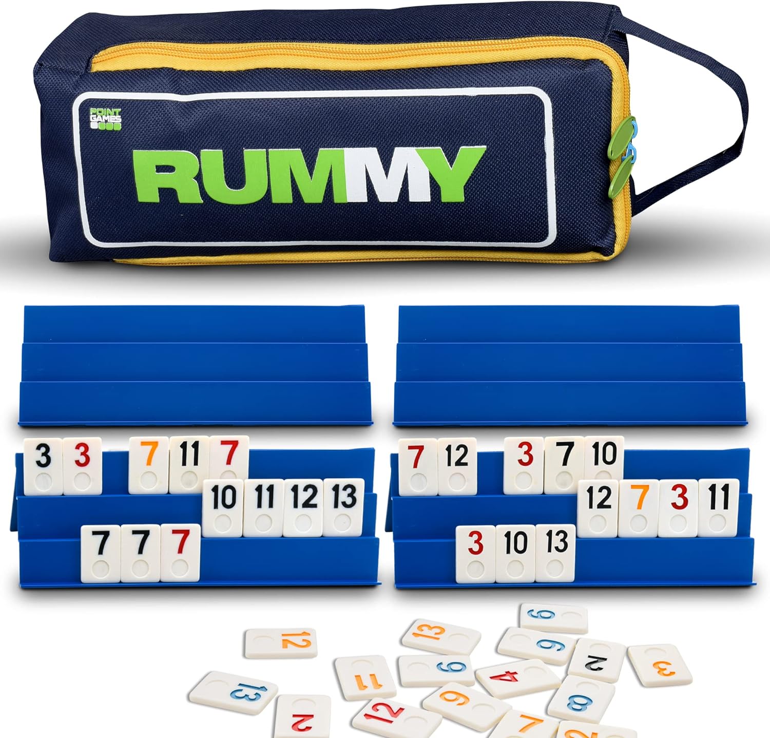 Point Games Classic Rummy Cube Game Full Size, with 3 Tier Foldable Racks and Tiles, in a Super Durable Canvas Travel Bag