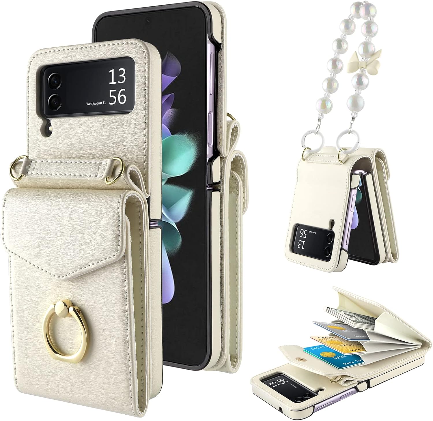 HianDier for Samsung Galaxy Z Flip 3 Case Wallet with Card Holder for Women with Bracelet Chain, PU Leather Ring Kickstand Shockproof Protective Phone Case for Samsung Z Flip 3 Case, Beige