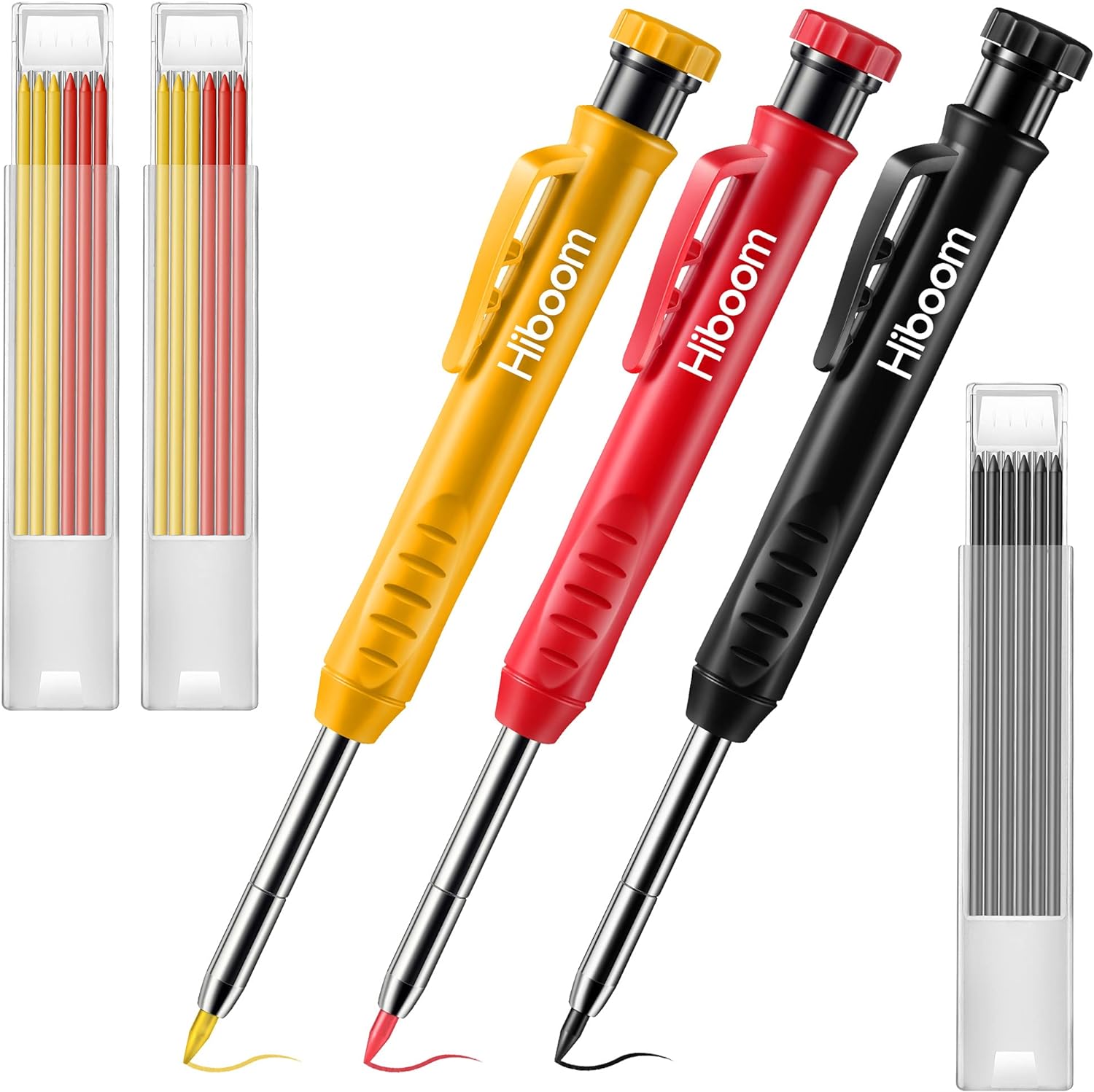 Hiboom 3 Pack Solid Carpenter Pencil with 21 Refill, Long Nosed Deep Hole Mechanical Pencil Marker with Built in Sharpener for Carpenter, Design Patent