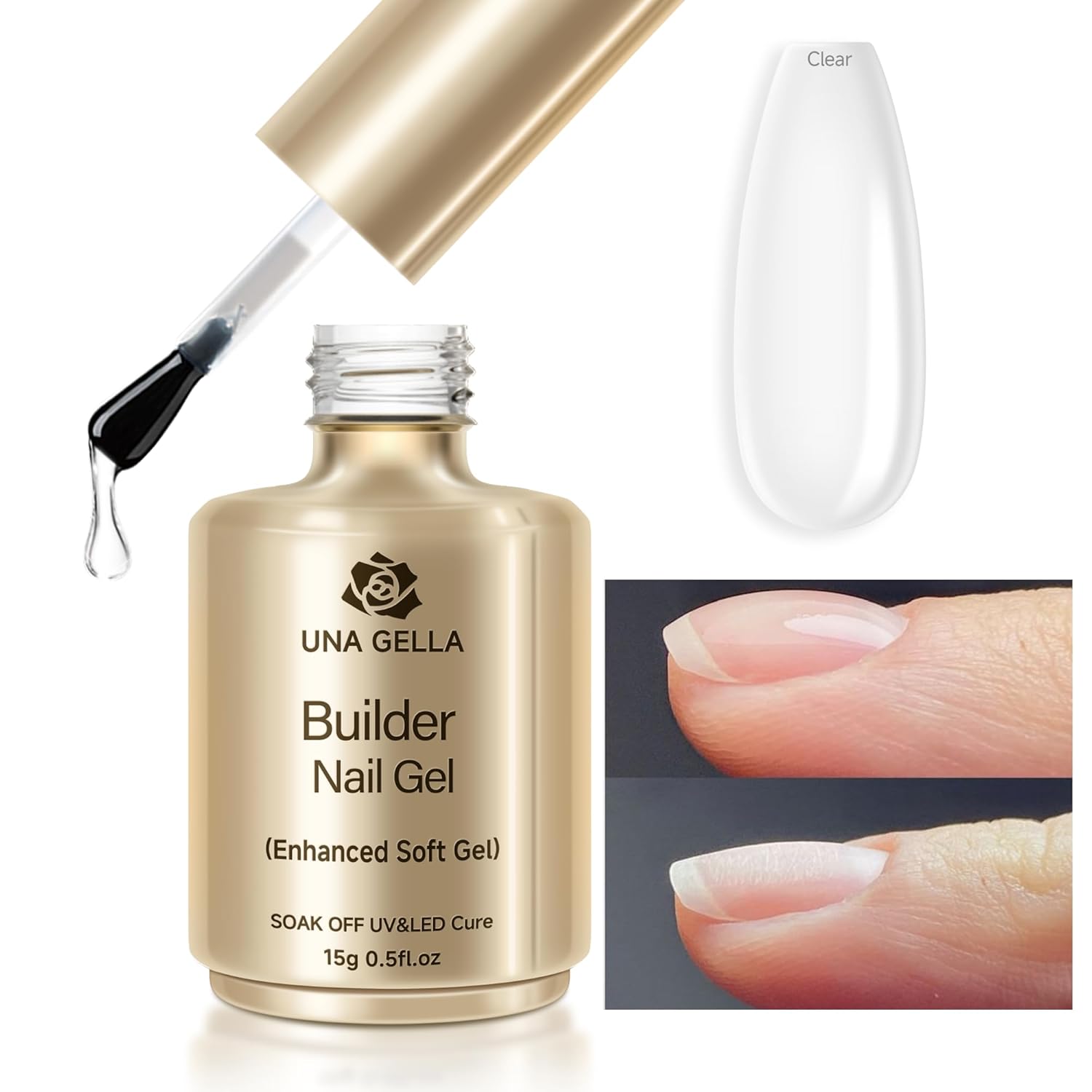 UNA GELLA Builder Gel for Nails, 15ml Clear Builder Gel for Nail Thickening, Nail Strengthener Nail Extension Hard Gel in a Bottle U V/LED Lamp Cured