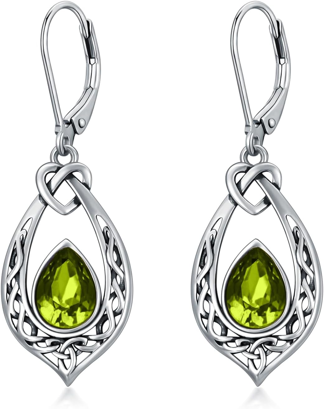 Celtic Knot Dangle Earrings 925 Sterling Silver Oxidized Vintage Dangle Drop Leverback Earrings with 8 * 6mm Simulated Birthstone Crystal, Birthday Earrings Gifts for Women