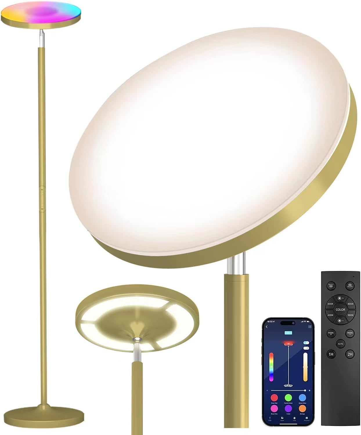 Keepsmile Gold Double Side Lighting LED Floor Lamp with Remote Smart App 36W 2600LM Bright Tall Standing RGB Floor Lamp Angle Multicolor Dimmable Modern Floor Lamps for Living Room Bedroom