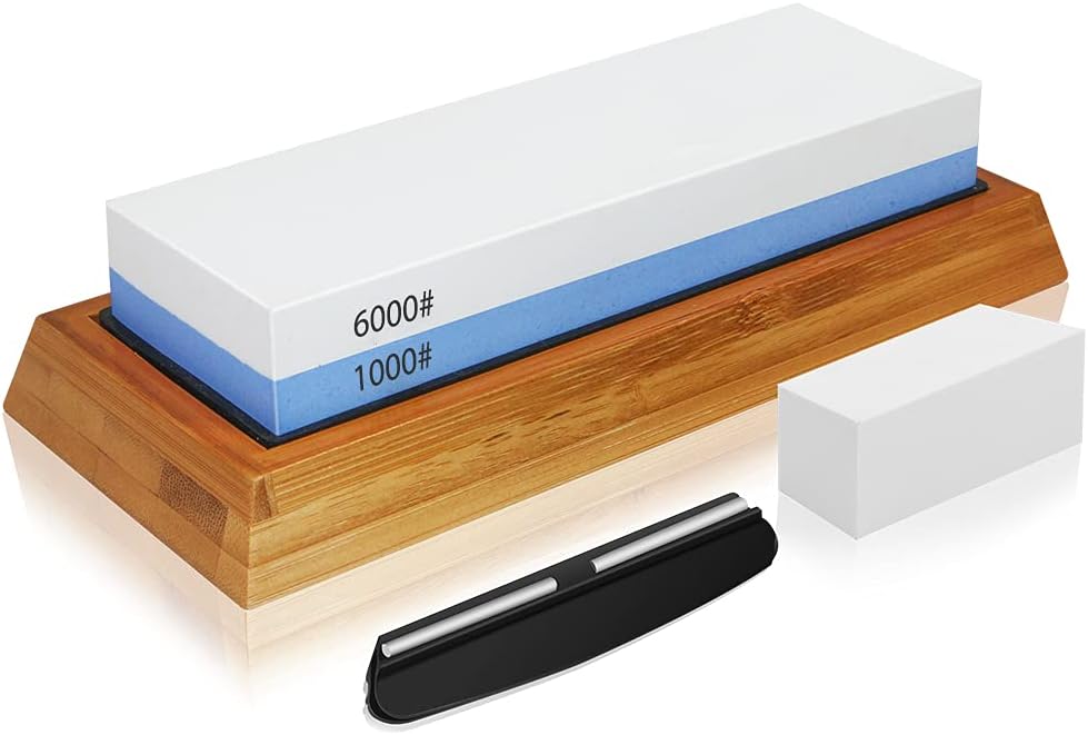 Whetstone Knife Sharpening Stone Set, 2-Sided Premium Wet Stone Sharpener 1000/6000 Grit Wetstone Kit for Kitchen knives with Non-Slip Bamboo and Silicon Base Angle Guide, Flattening Stone