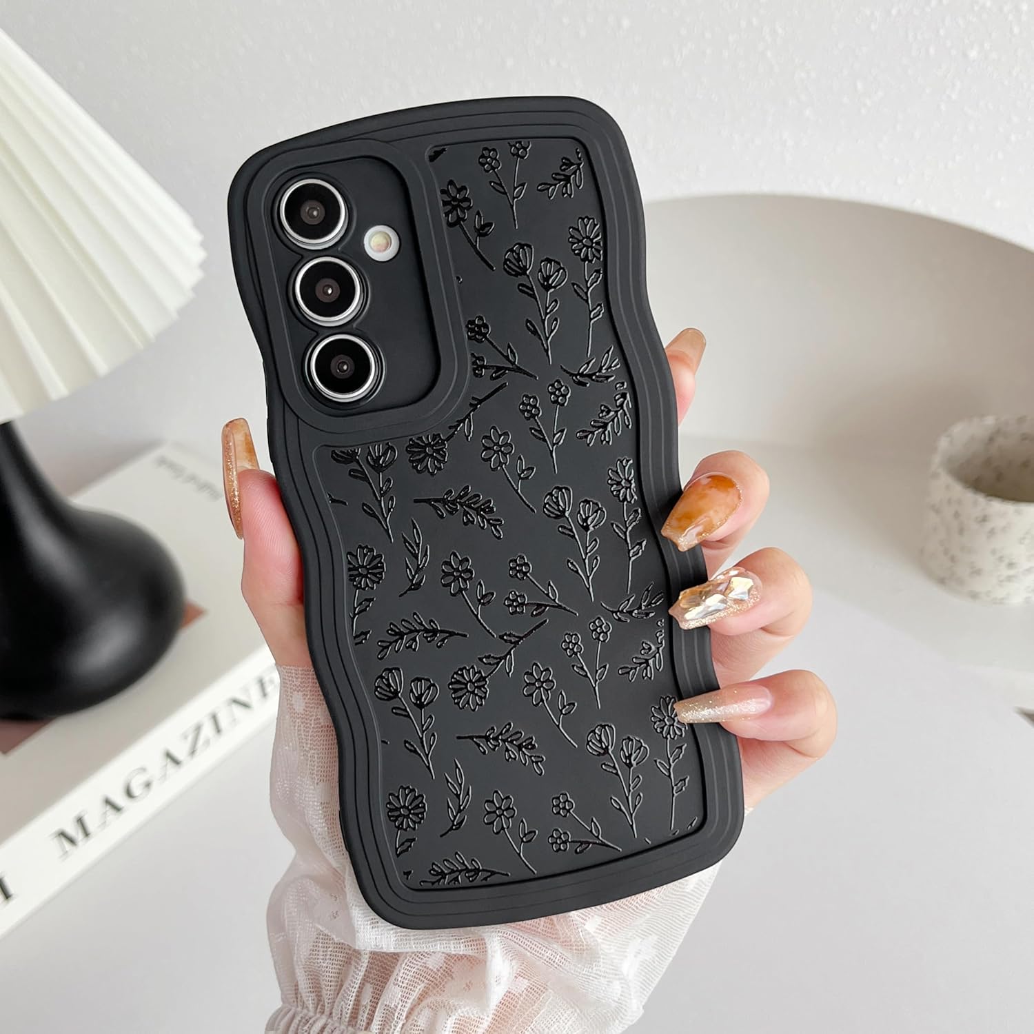 ZTOFERA Phone Case for Samsung Galaxy A14 5G,Unique Wave Frame & Black Floral Pattern Cute Case for Girl Women,Soft Liquid Silicone Shockproof Lens Protection for Galaxy A14 5G Case -Little Flower