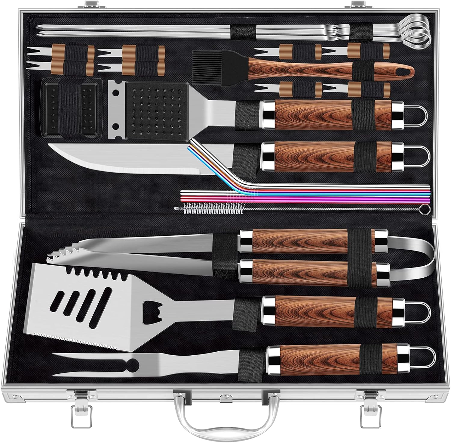 ROMANTICIST 25pcs Extra Thick Stainless Steel Grill Tool Set for Men, Heavy Duty Grilling Accessories Kit for Backyard, BBQ Utensils Gift Set with Spatula,Tongs in Aluminum Case for Birthday Brown