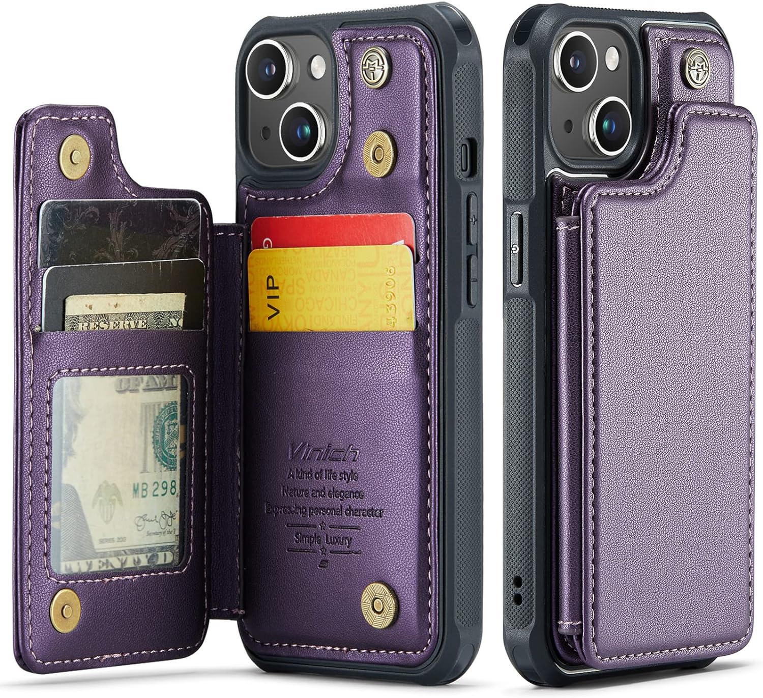 for iPhone 13 Wallet Case with Card Holder, RFID Blocking for iPhone 13 Case for Women Men, Durable Kickstand Shockproof Phone Case for iPhone 13, Purple