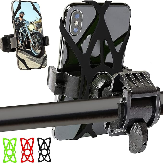 Bike & Motorcycle Phone Mount - GPS Cell Phone Holder for Bicycle Handlebar - Easy to Install Bike Accessories Fits iPhone, Galaxy, Android - Stocking Stuffers - 3 Bands (Black, Red, Green)