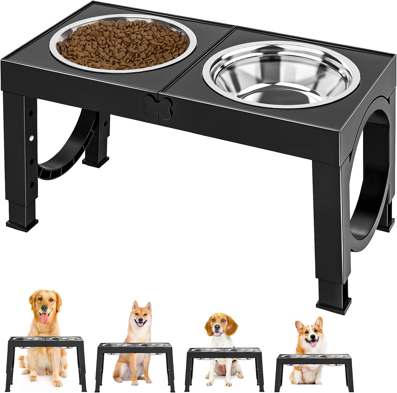 Elevated Dog Bowls for Medium Large Breed Dogs, 4 Height Adjustable Dog Raised Bowls Stand to 9.09", 10.63", 12.20", 13.78", 2 Thick Stainless Steel Dog Food Water Bowls, No Slip Dog Feeder