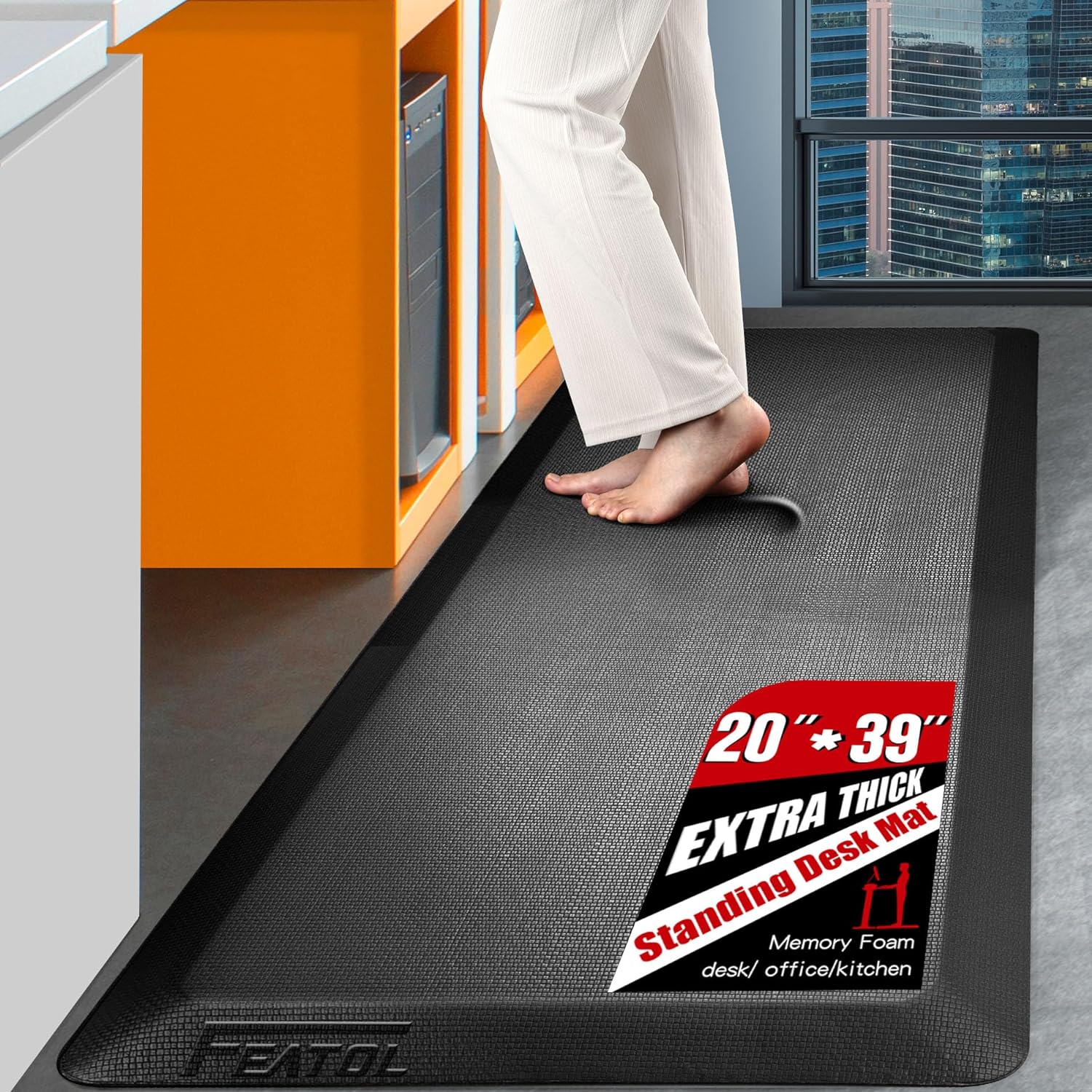 FEATOL Extra Thick Anti Fatigue Mat Floor Mat (20" x 39", Black), Standing Office Desk Mat Memory Foam Cushioned Anti Fatigue Ergonomic Kitchen Mats Comfort Standing Pad NOT PVC 9/10 Inch Thick