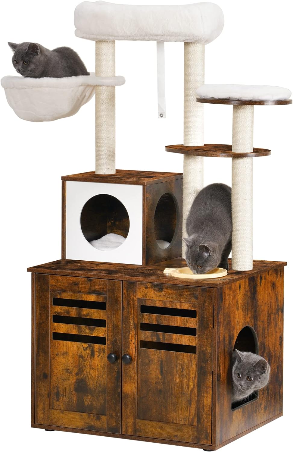 I love this product so much! It enabled us to have the litter box hidden out of sight & keeps our kitty from slinging litter all over the room. Very sturdy. Easy assembly. All parts were included with easy instructions. Love that it has a food bowl so you can keep food up and away from the dog if necessary. My cat likes the scratching posts and the enclosed box bed the best. Got this on sale for $94 and I'm so glad that we decided to purchase! This product is worth this price!!