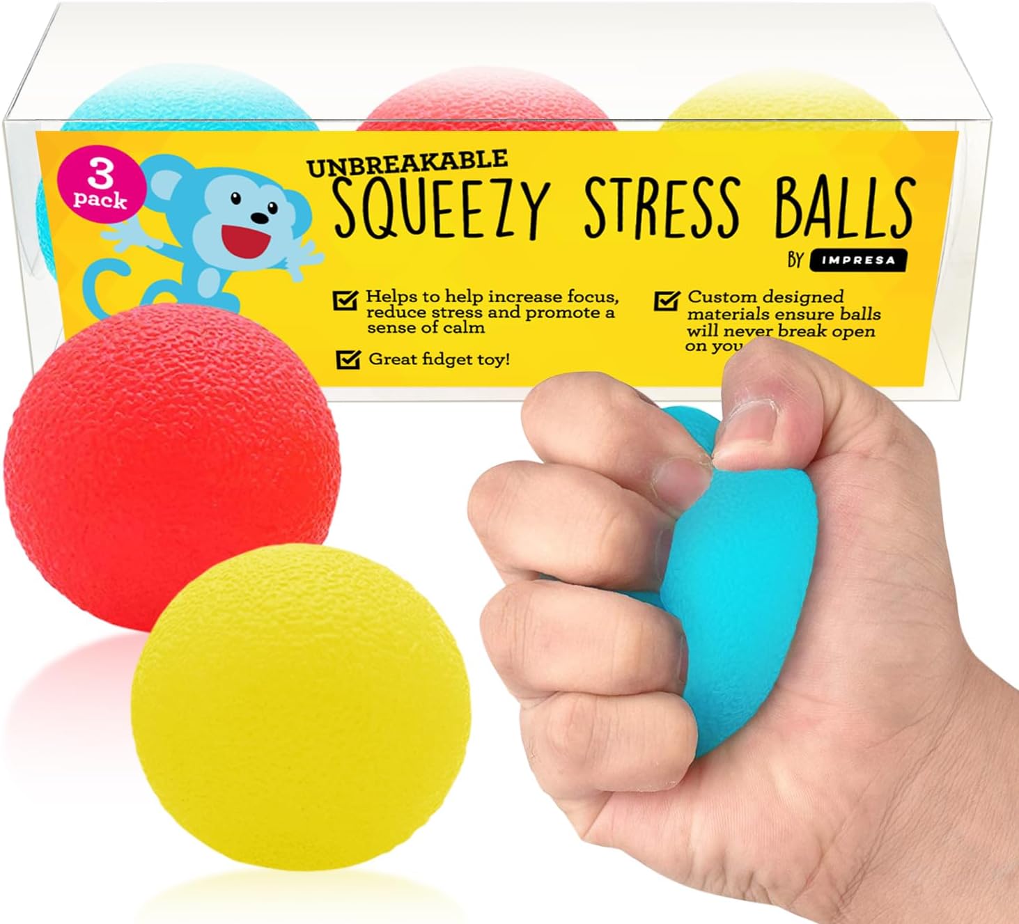 Squishy Stress Balls from The Original Monkey Noodle - 3 Pack - Sensory Toys for Kids with Unique Needs - Fosters Creativity, Focus, and Fun - Great for Classrooms, Home, and Playtime (3 Colors)