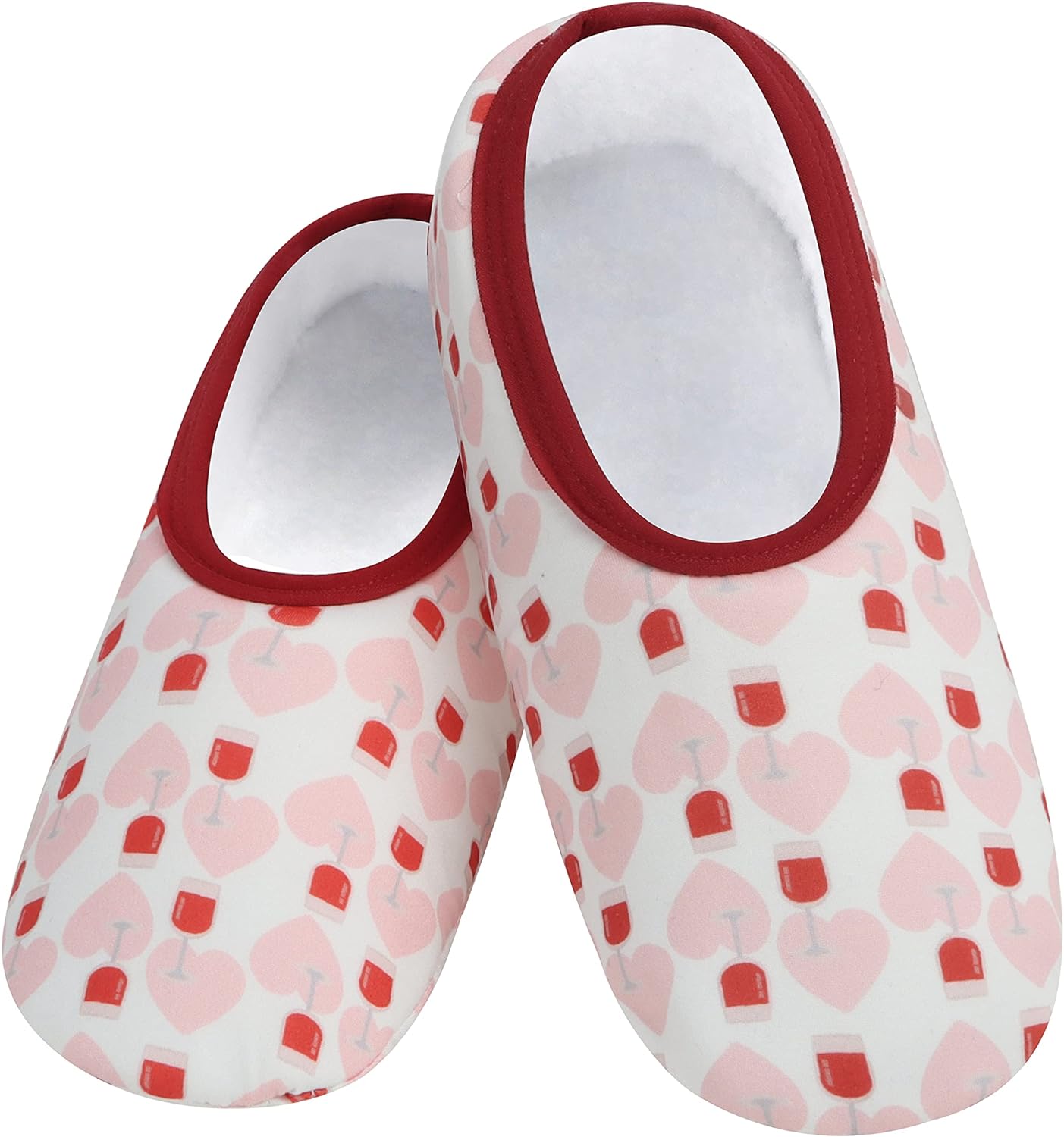 Snoozies Skinnies Slipper Socks  Cozy, Foldable Slippers for Women, Non Slip Socks for Travel & Indoors - Wine & Hearts