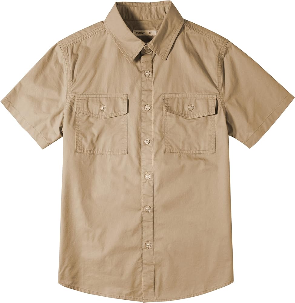 Tronjori Boys Short Sleeve Button Down Casual Woven Shirt Two Pockets