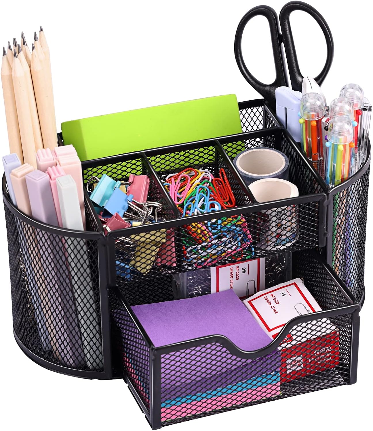 EOOUT Desk Organizer, Pencil Holder for Desk, Mesh Office Desk Accessories with 8 Compartments and 1 Drawer Stationery Holder School Supplies