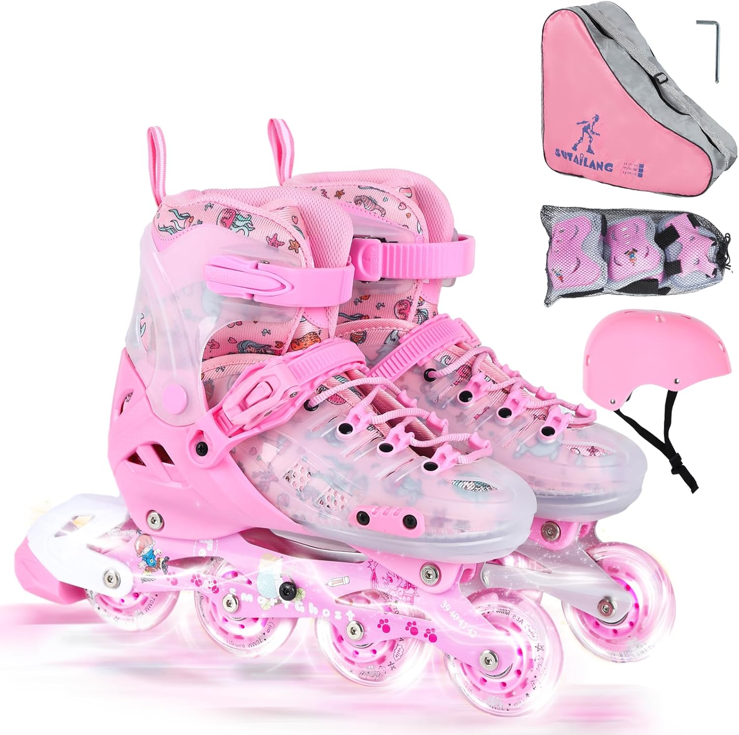 Inline Skates, Adjustable Children Inline Skates with Light up Wheels for Kids, Girls, Boys, Teens, Beginner & Advance | with Protective Gears and Carry Bag