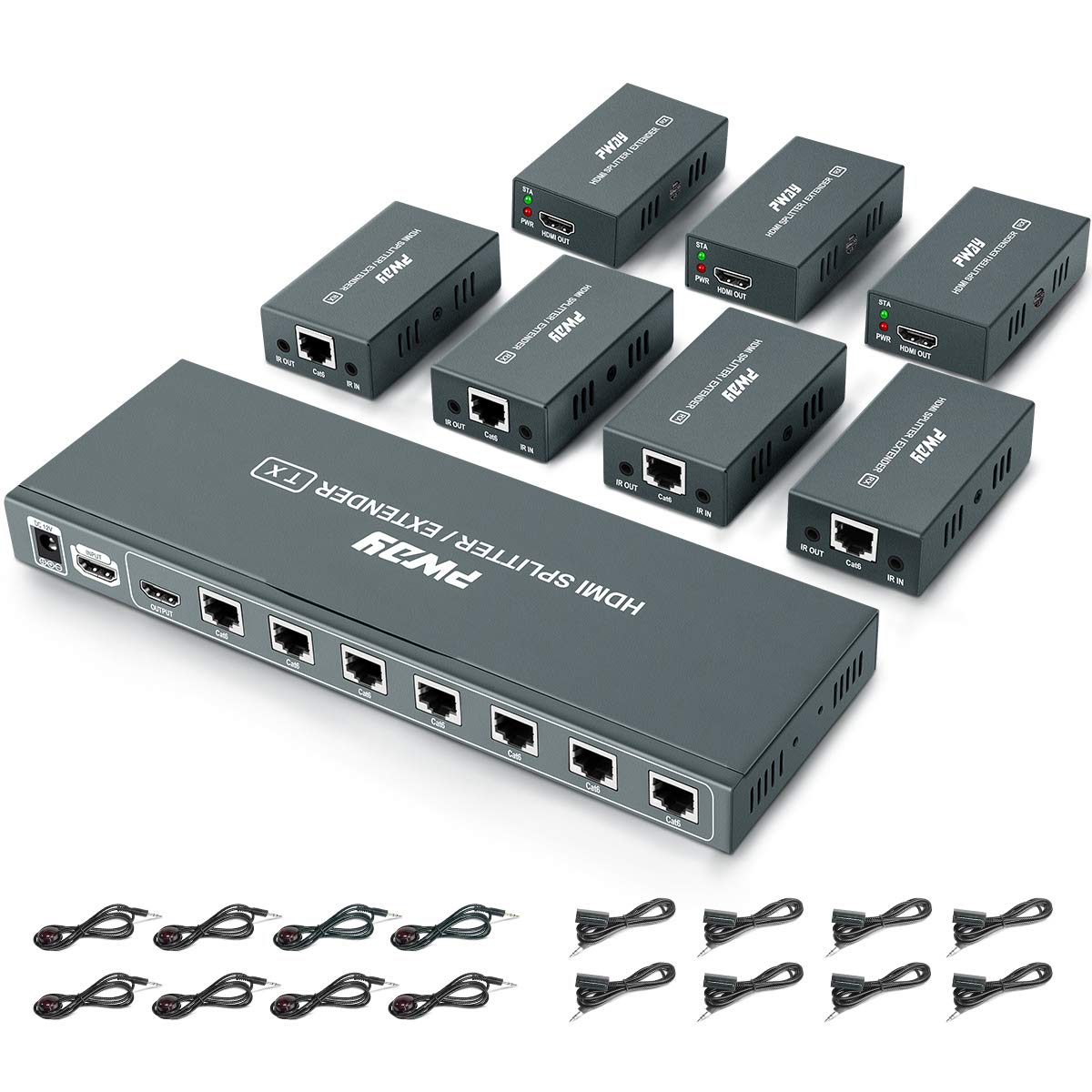 1080p 1x7 7 Port HDMI Extender Splitter Over CAT6/CAT6a/CAT7 Ethernet Cable with an HDMI Loop out & Bi-Directional IR Remote Control &EDID Management(1 in 7 Out) Up to 50m (165ft) at 1080p 60Hz