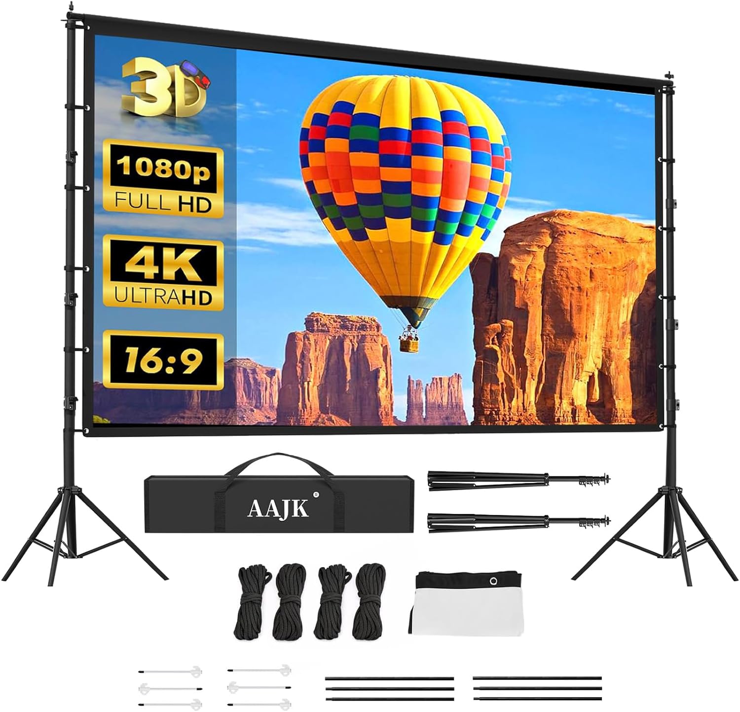 AAJK 150in Projector Screen and Stand,Portable 16:9 4K HD Indoor Outdoor Projection Screen with Wrinkle-Free Design, Ideal for Home Theater and Backyard Cinema  Includes Carry Bag
