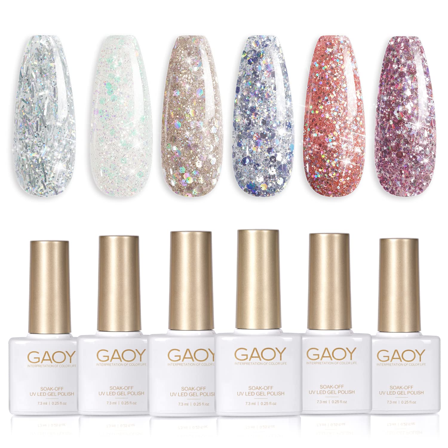 GAOY Glitter Inspire Gel Polish Kit Set of 6 Colors Including Pink Nude UV LED Soak Off Nail Polish Home DIY Manicure Nail Salon Varnish