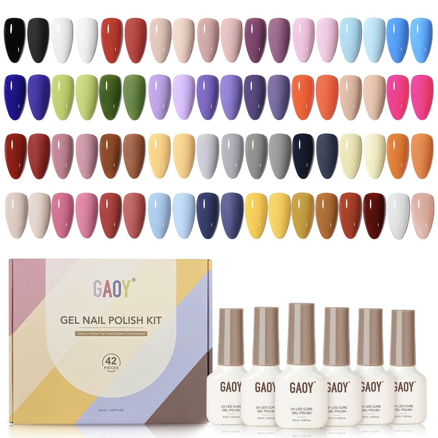 GAOY 42 Pcs Gel Nail Polish Kit, Pink White Red Jelly Nude Colors All Seasons Gel Nail Polish Set with Glossy & Matte Top Coat and Base Coat for Nail Art DIY at Home