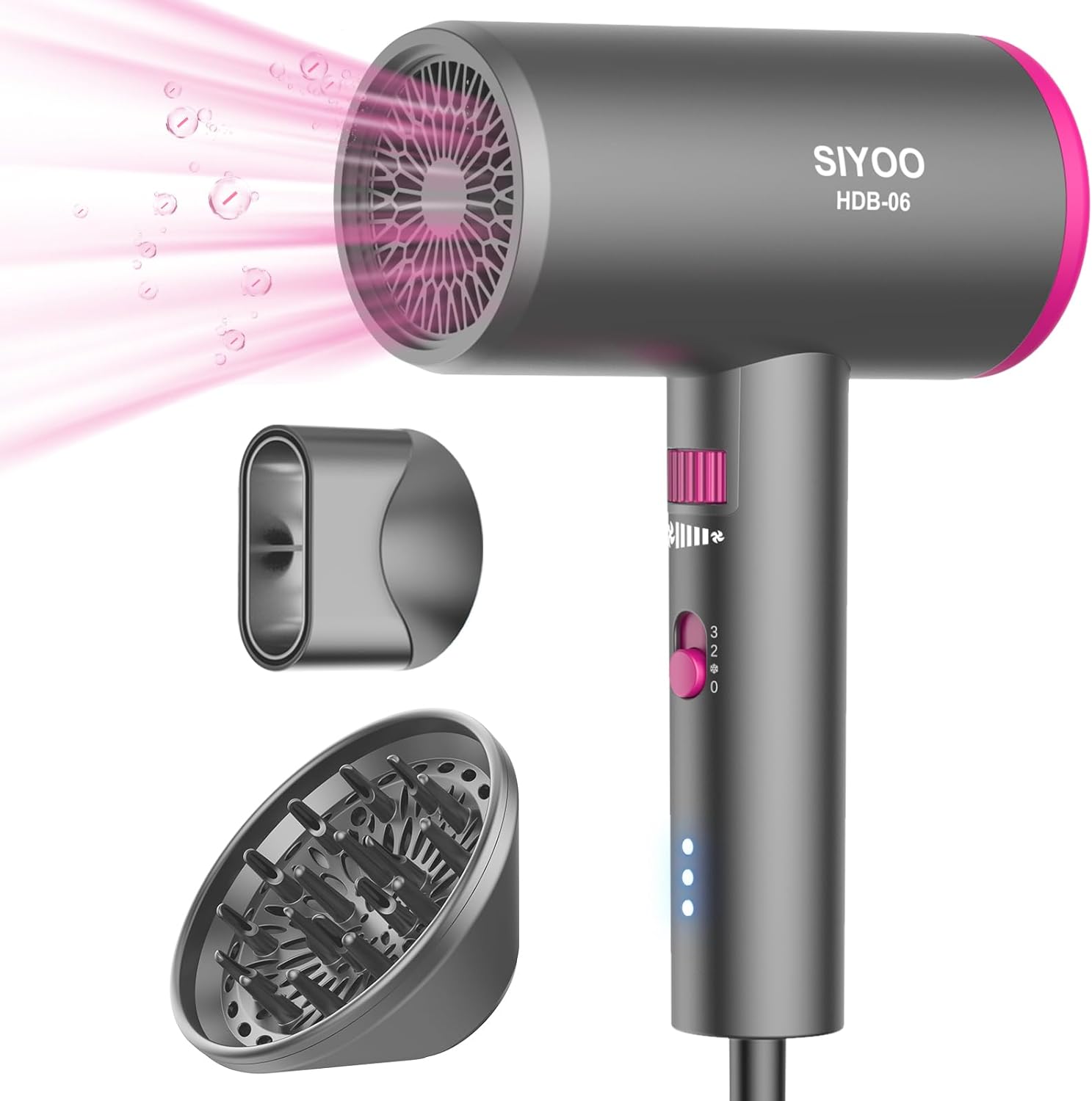 SIYOO Professional Hair Dryer, Ionic Blow Dryer with Diffuser and Nozzle, 1600 Watt Negative Ions Salon Lightweight Hairdryer Pink