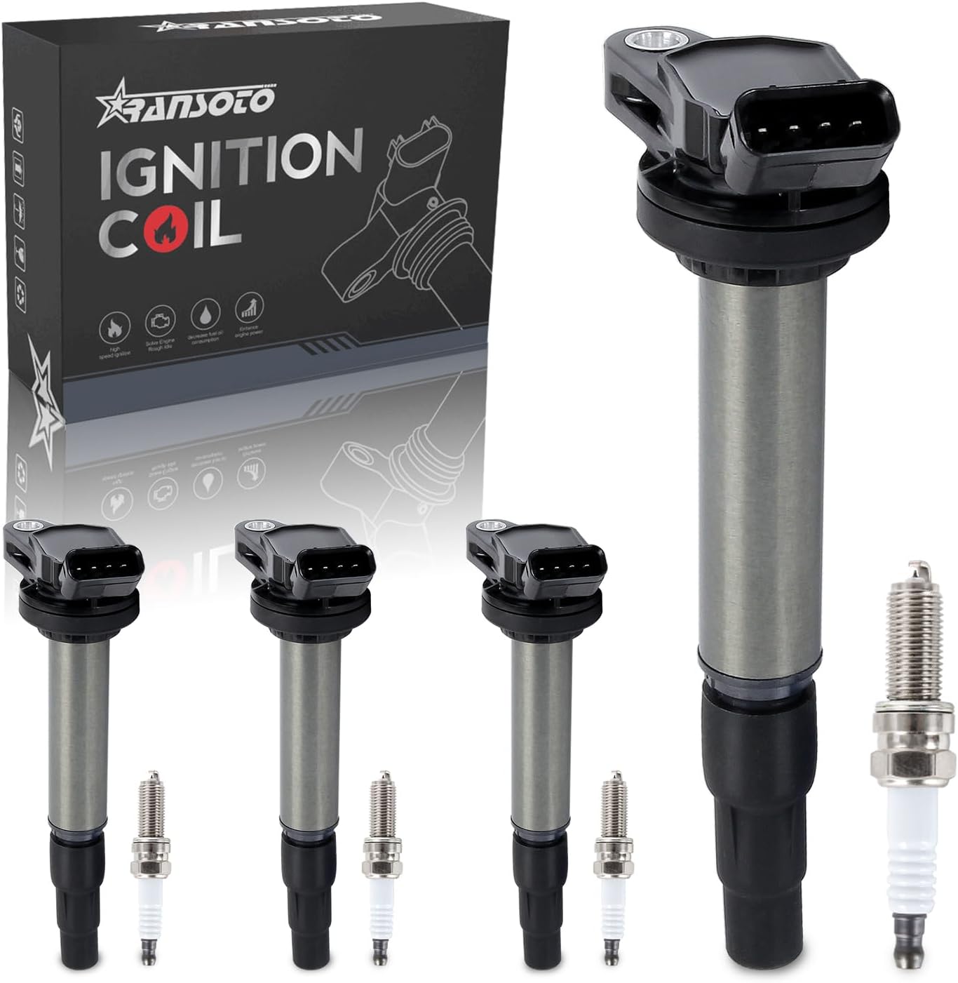 RANSOTO Ignition Coil And Iridium Spark Plug Compatible With 2009-2014 Toyota Corolla Matrix Prius, Pontiac Vibe, Scion xD, Lexus CT200h 1.8L Replaces UF-596 93501 C1714 GN10341