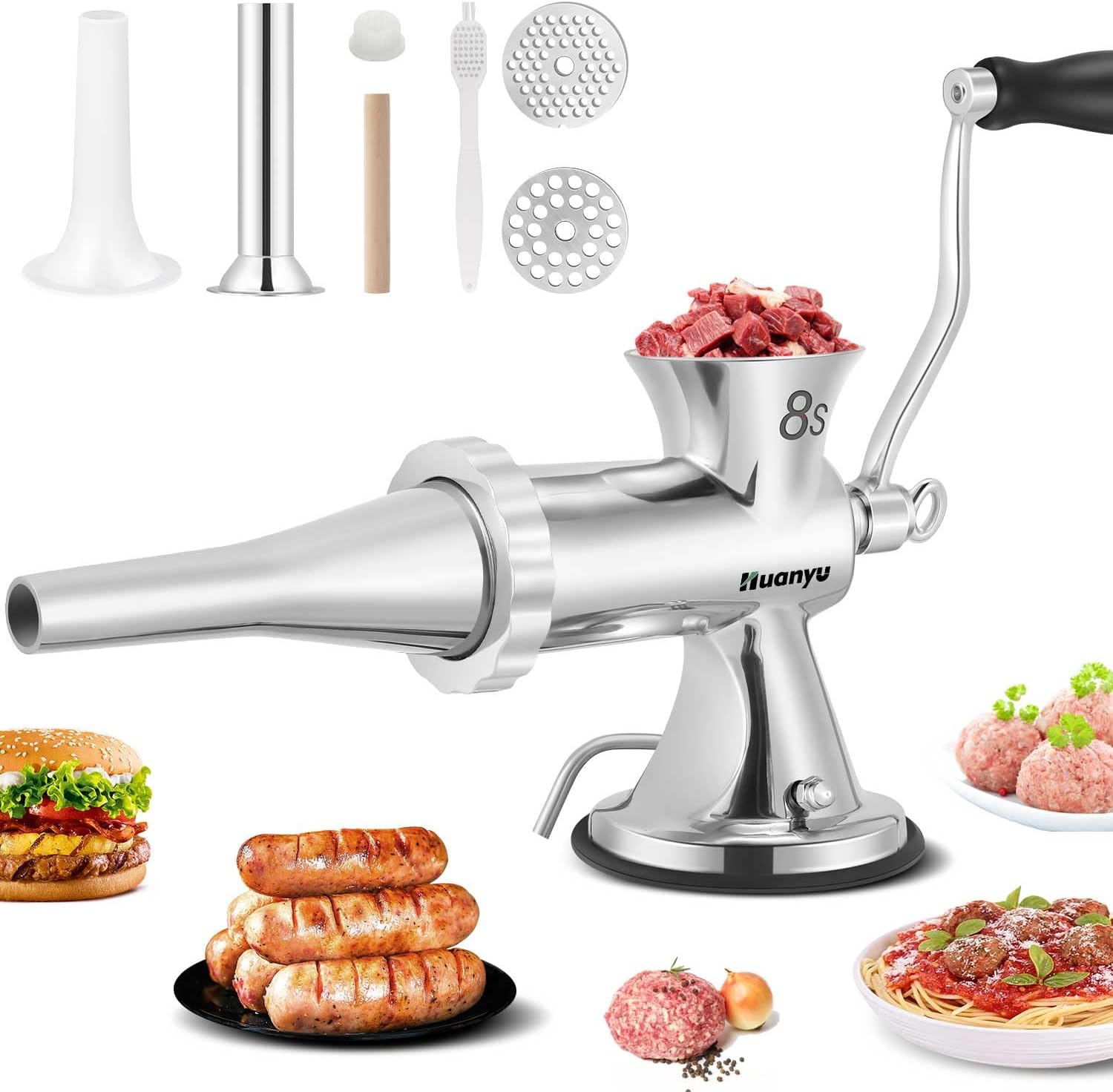 Huanyu Manual Meat Grinder Sausage Stuffer Filler Hand Crank Mincer Stainless Steel Meat Processor Grinding Machine Ground Chopper Home Use for Beef Chicken Rack chili etc. Dishwasher Safe