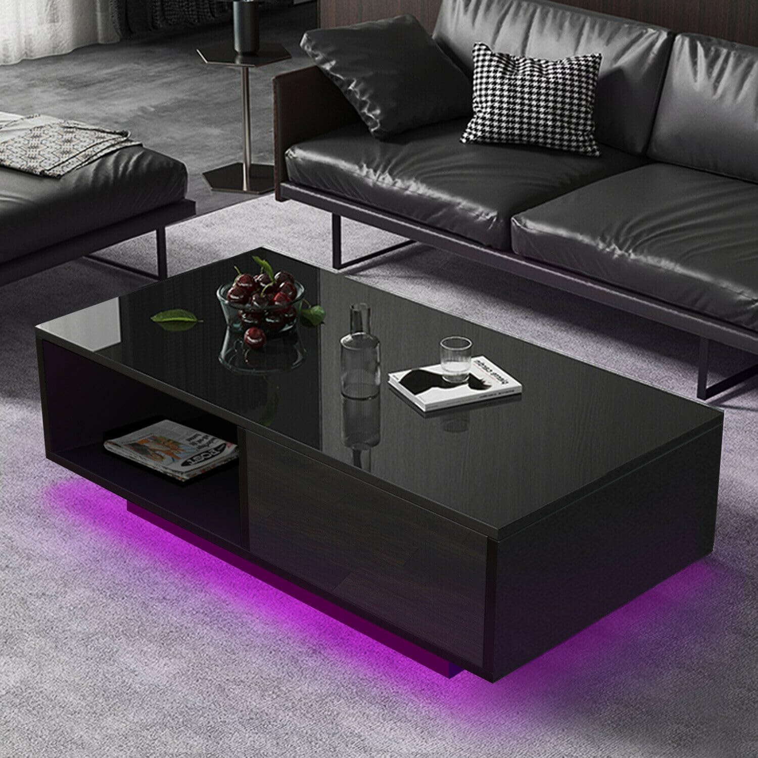 COSVALVE High Gloss LED Coffee Table with Drawer & 16 Colors LED Lights, Modern Living Room Coffee Table with Storage Space, Rectangle Sofa Side Central Table, Black (AA Battery)