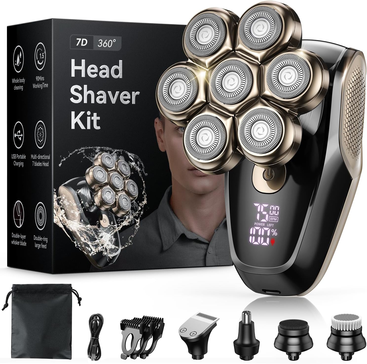 Head Shavers for Bald Men, 7D Magnetic Electric Shaver Razor Face Hair Trimmer for Men, Wet/Dry IPX7 Waterproof Detachable Shaving Grooming Kit LED Display Type-C Rechargeable (Gold)