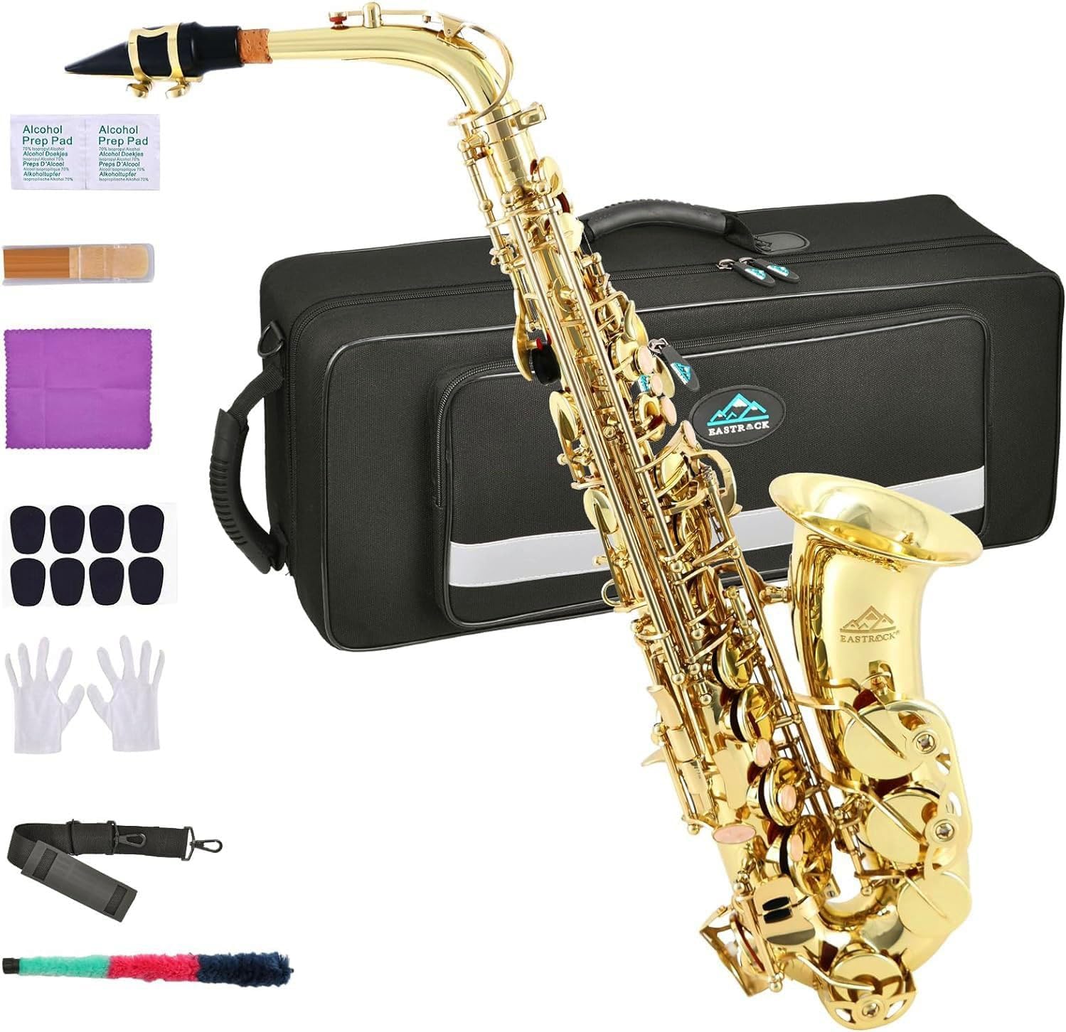 EASTROCK Alto Saxophone Gold E Flat Sax Full Kit for Students Beginner with Carrying Case,Mouthpiece,Mouthpiece Cushion Pads,Cleaning Cloth&Cleaning Rod,White Gloves,Neck Strap