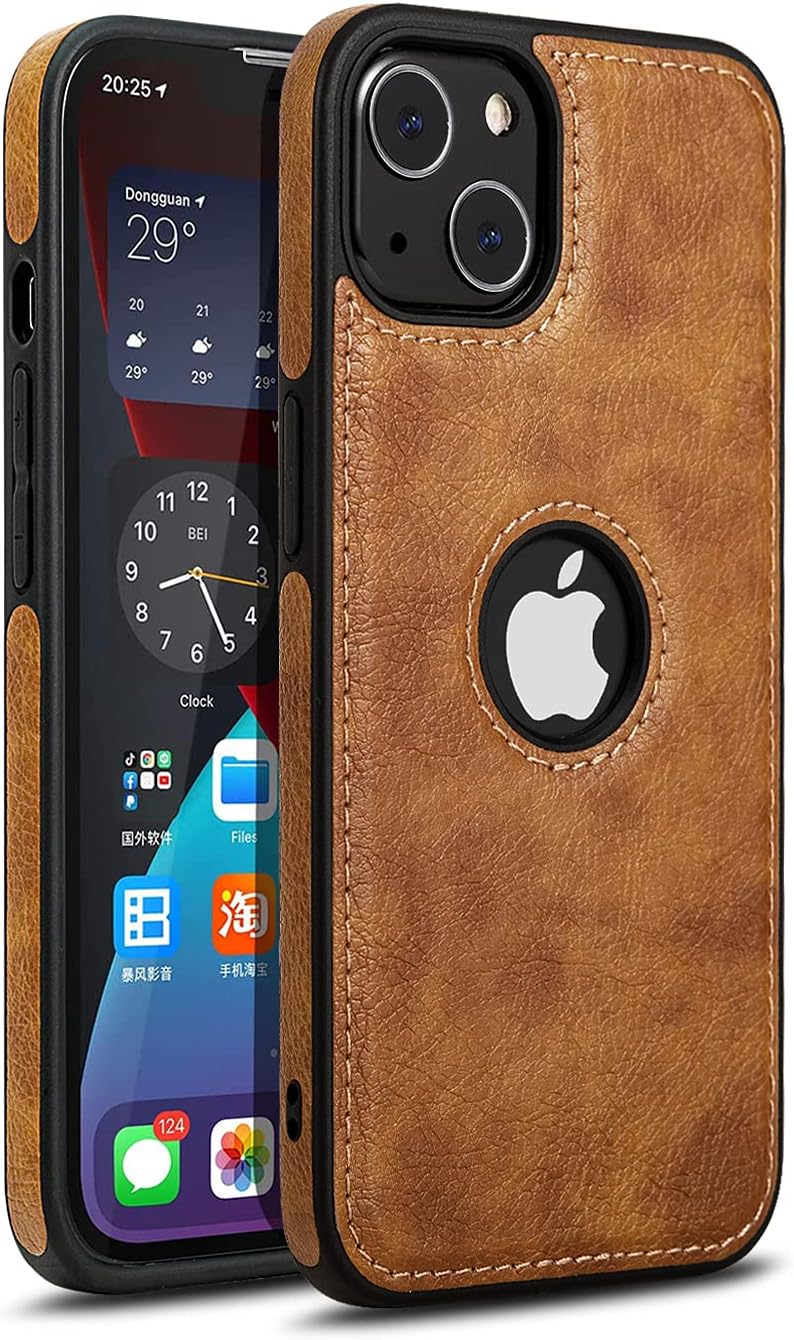 Classy Design Luxury Leather Phone Case for iPhone 13 Non-Slip Grip Full Body Ultra Slim Protective Case (2021,6.1) (Brown)