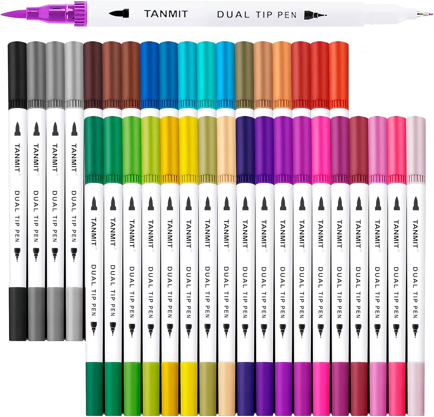 Dual Brush Marker Pens for Coloring Books, Tanmit Fine Tip Coloring Marker & Brush Pen Set for Journaling Note Taking Writing Planning Art Project