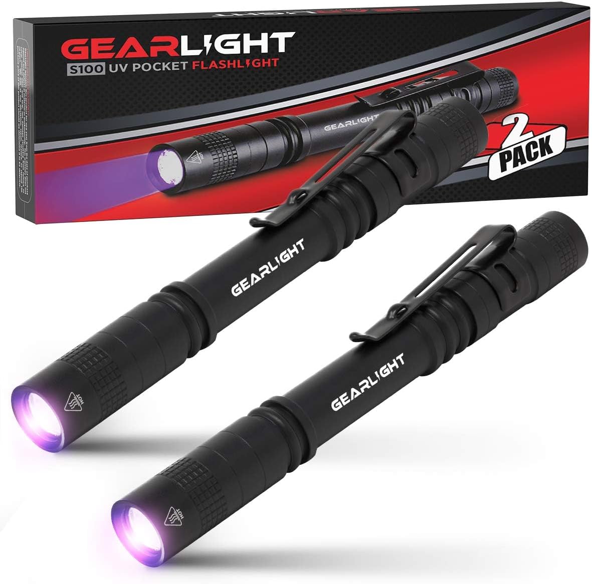 GearLight UV Black Light Flashlight S100 [2 Pack] - Mini Blacklight Ultraviolet Pen Lights for Leak and Hotel Inspection - Pet Urine, Bed Bug, Scorpion, Stain, and Dye Detector