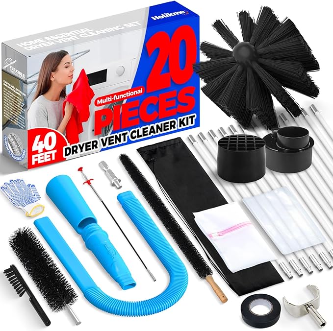 Holikme 40feet Dryer Vent Cleaner Kit Dryer Cleaning Tool Include Dryer Vent Brush, Omnidirectional Blue Dryer Lint Vacuum Attachment Dryer Lint Trap Brush, Vacuum & Dryer Adapters