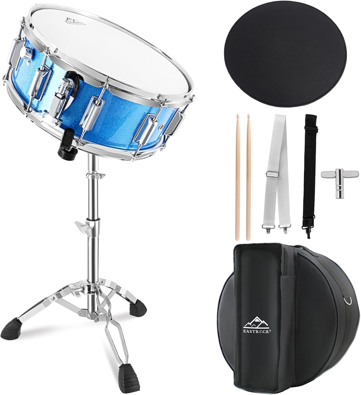 EASTROCK Snare Drum Set 14X5.5 Inches for Student Beginners with Gig Bag, Drumsticks, Stand, Drum Keys, Coated Material Drum Head, Blue