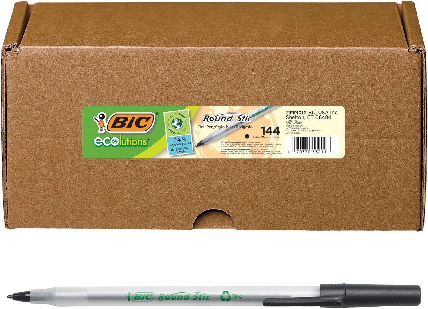 BIC+Ecolutions+Round+Stic+Ballpoint+Pen%2c+Medium+Point+(1.0mm)%2c+Black%2c+144-Count%2c+For+a+Smooth+Writing+Experience