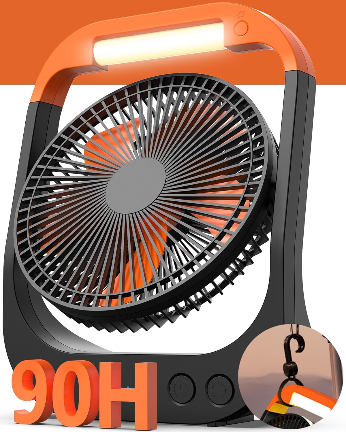 Koonie 8in 20000mAh Camping Fan with Timer, LED Lantern and Hook, 90hrs Rechargeable Battery USB Fan with 4 Speeds, 350Head Rotation, Desk Table Fan for Bedroom, Outdoor, Tent, Travel, Picnic