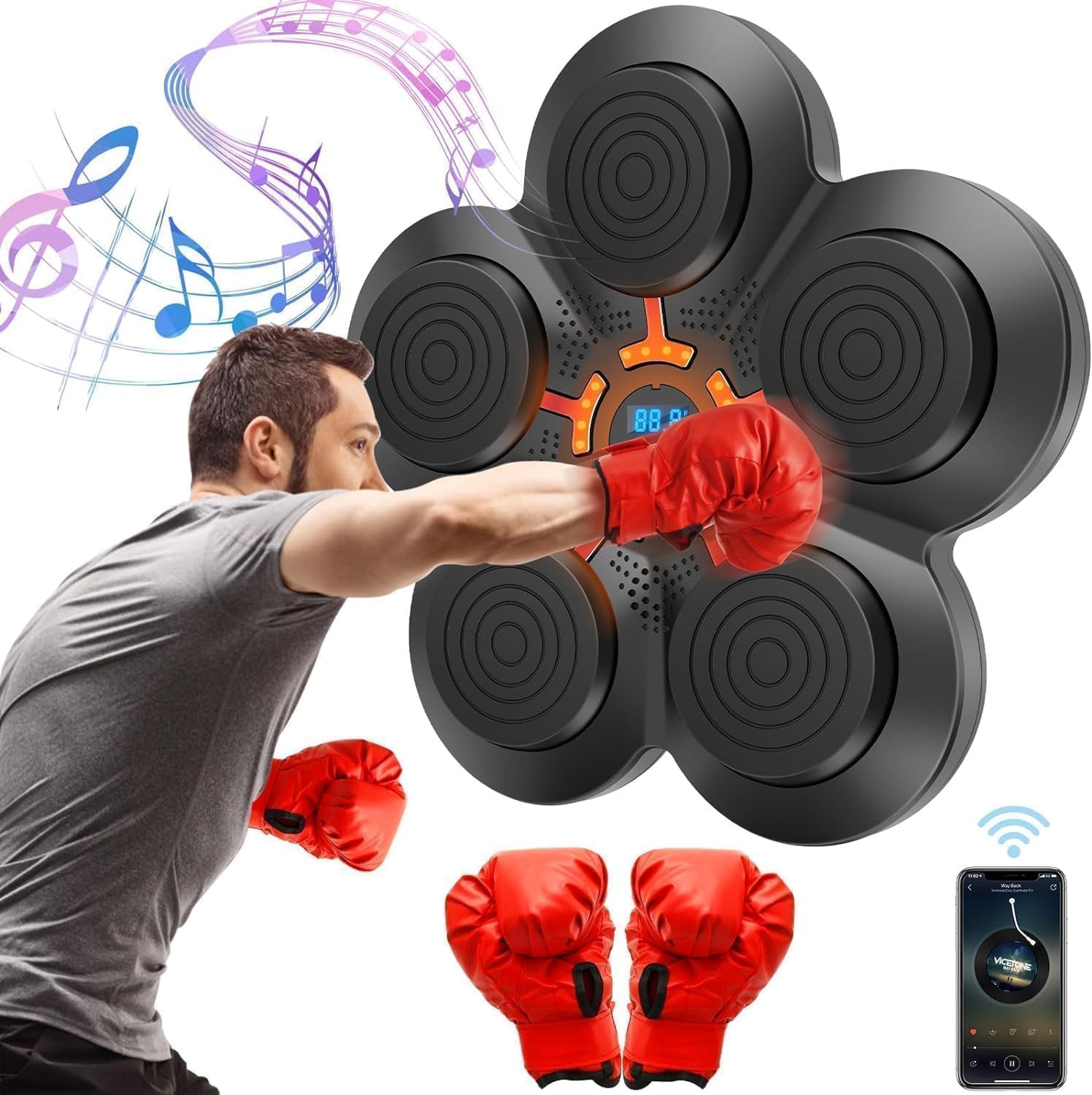 Musical Boxing Machine with Bluetooth, Smart Punching Pad Trainer - Durable Wall Mounted Punch Bag with Built-in Speakers, Easy to Install, Fun Exercise Game with Gloves for Kids and Adults