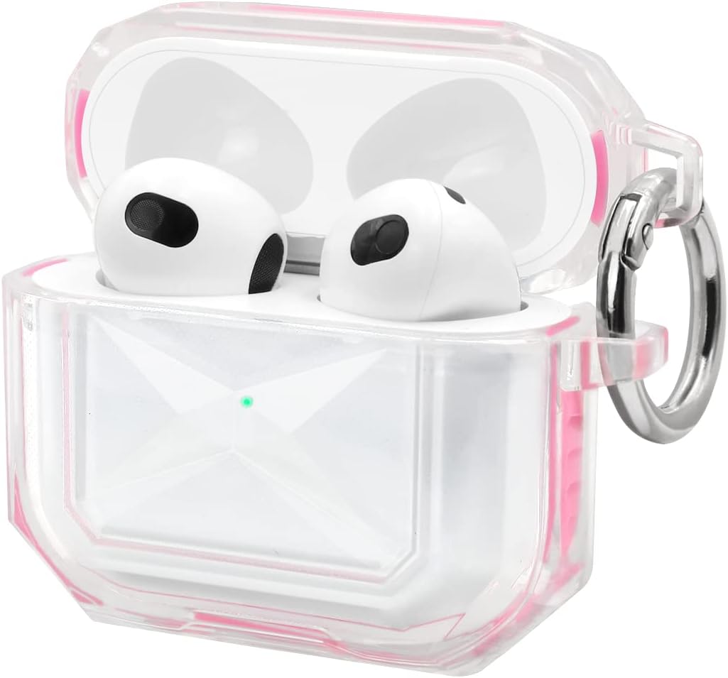 Fingic AirPods 3rd Generation Case,AirPod 3 Case 2021 Cute Full-Body Protective Rugged Soft TPU Military Case with Keychain Ring Compatible with AirPod 3 Charging Case,Front LED Visible,Clear/Pink