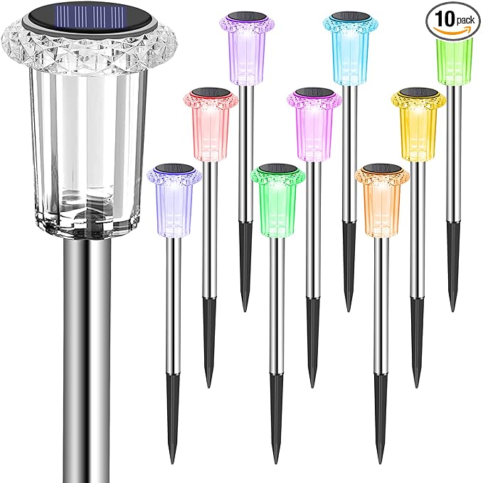 Eyrosa Solar Outdoor Lights, 10 Pack Solar Pathway Lights Outdoor Waterproof, Stainless Steel Solar Stake Lights for Garden Yard Path Walkway Driveway Patio Lawn Decor - Color Changing