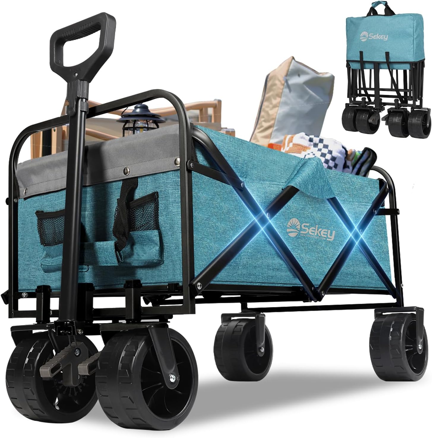 Sekey Heavy Duty Foldable Wagon with 330lbs Weight Capacity, Collapsible Folding Utility Garden Cart with Big All-Terrain Beach Wheels & Drink Holders.Light Blue