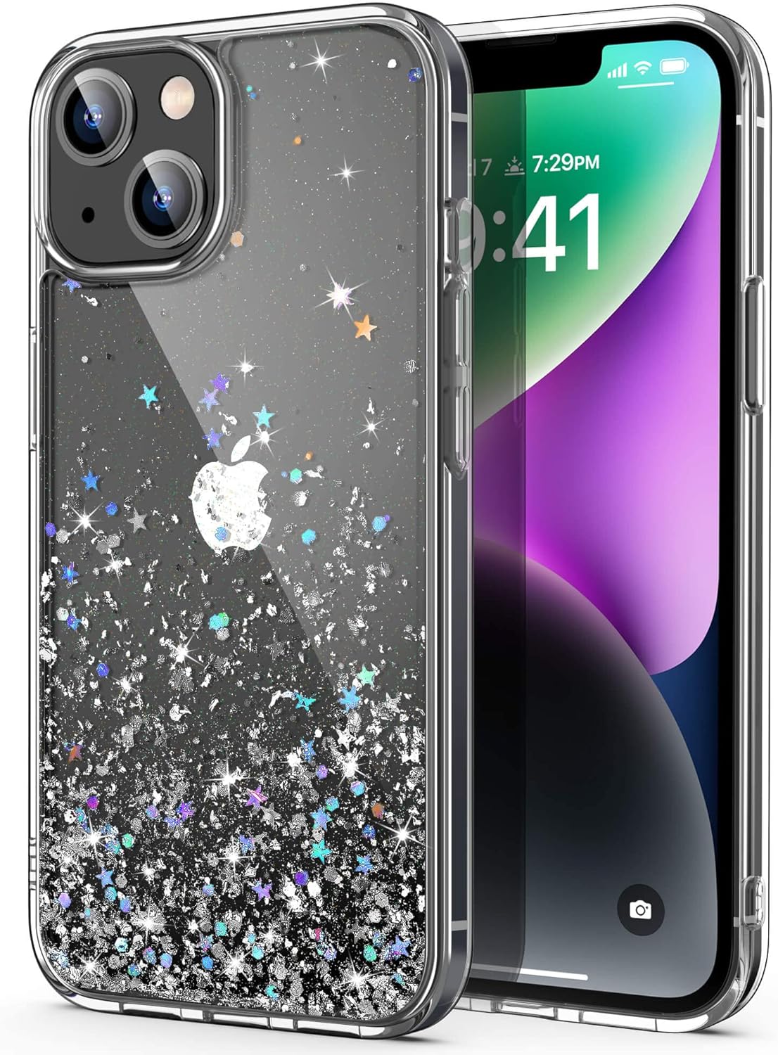ULAK Designed for iPhone 14 Case Glitter, for iPhone 13 Case Clear Bling Sparkly Soft TPU Bumper Hard PC Back Cover for Women Girls Transparent Protective Phone Case for iPhone 14/13 6.1'',Strar