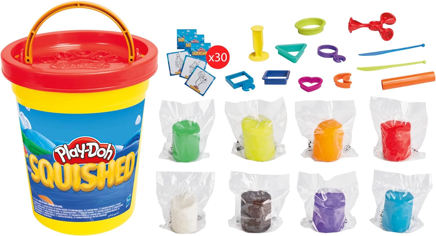 Play-Doh Squished Creative Challenge Set with 4 Activities for Kids 5 Years and Up, 30 Challenge Cards, Mega Can with 8 Modeling Compound Colors