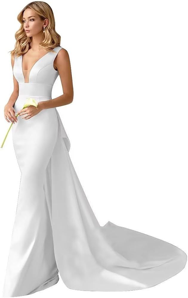 V Neck Satin Prom Dresses Long Mermaid Simple Wedding Dress with Cape for Women