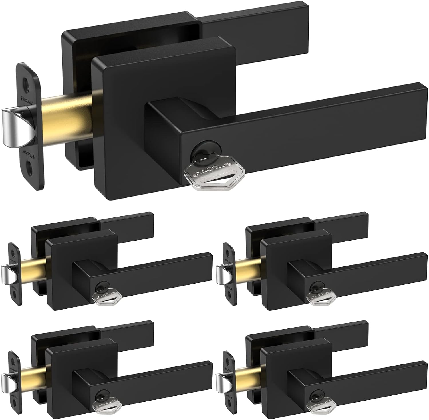 TICONN 5Pk Door Handle Heavy Duty, Reversible Square Door Lever for Bedroom, Bathroom and Rooms (Black, Keyed Entry - Keyed Alike, 5 Pack)