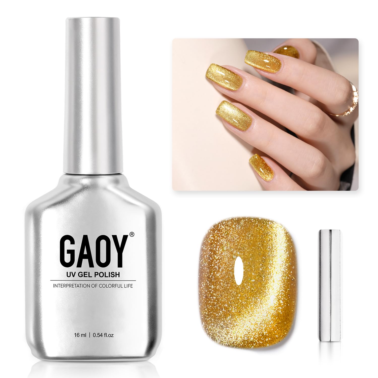 GAOY Gold Glassy Cat Eye Gel Nail Polish, 16ml Glitter Holographic Nail Polish with Magnet, Reflective Translucent UV Gel, 2156 Dazzling Dawn