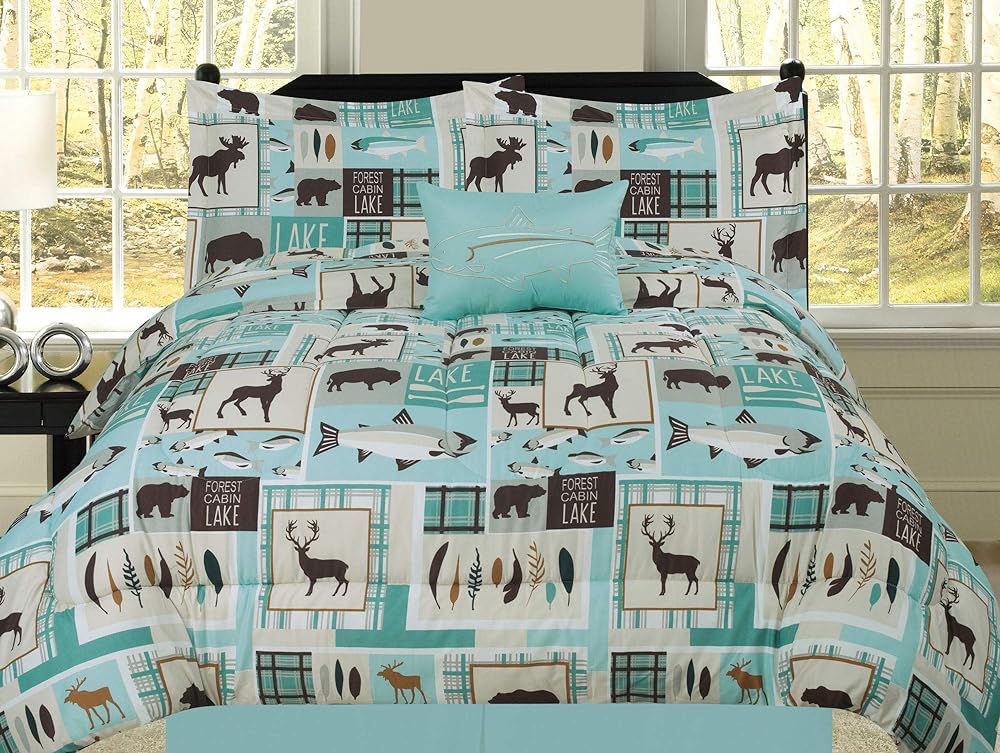 Fishing by The Lakehouse Cabin Lodge Comforter Set Bear Fish Deer Rustic, Queen, Brown Blue and Teal