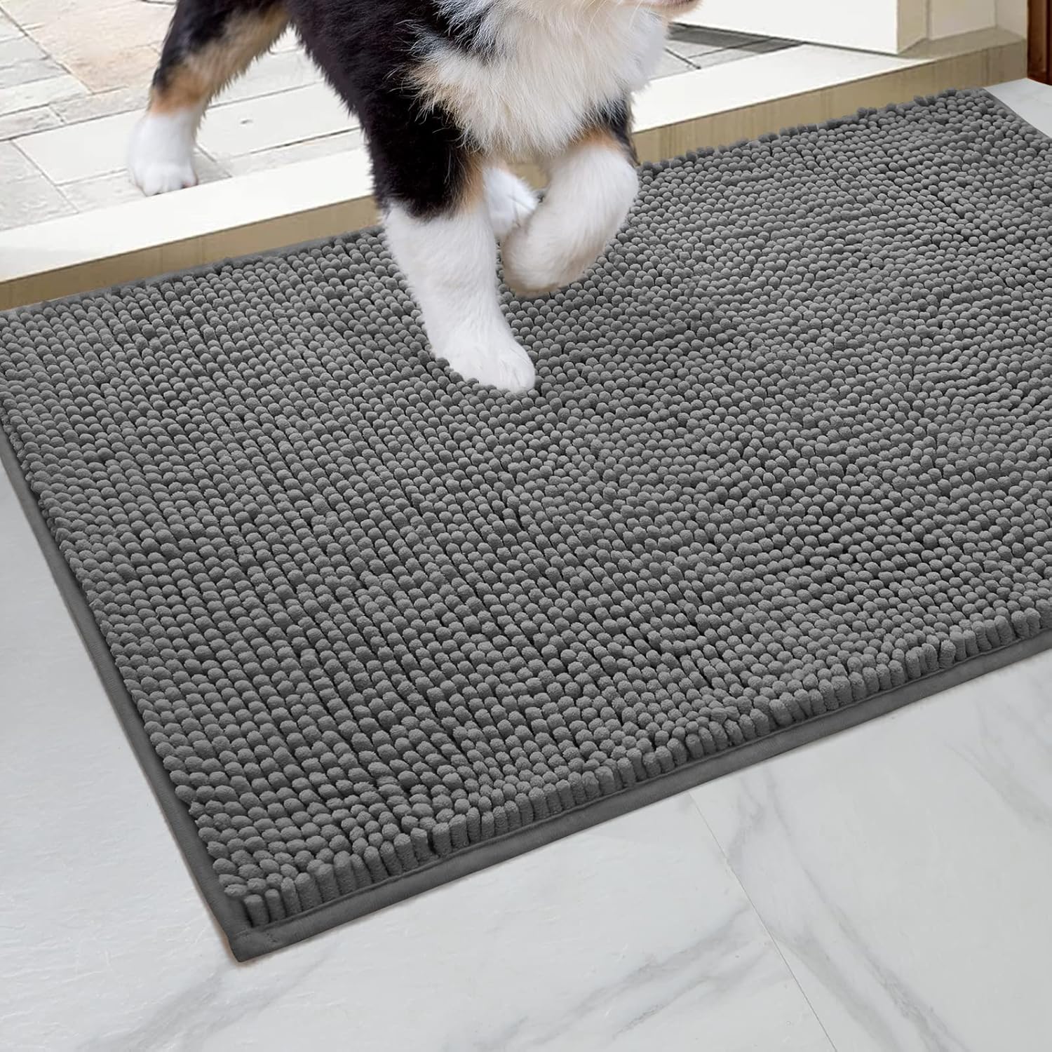 HOMEIDEAS Doormat Indoor Entrance, 32x20, Highly Absorbent Chenille Muddy Dog Washable Mat, Non Slip Front Welcome Door Mat for Entryway, Grey