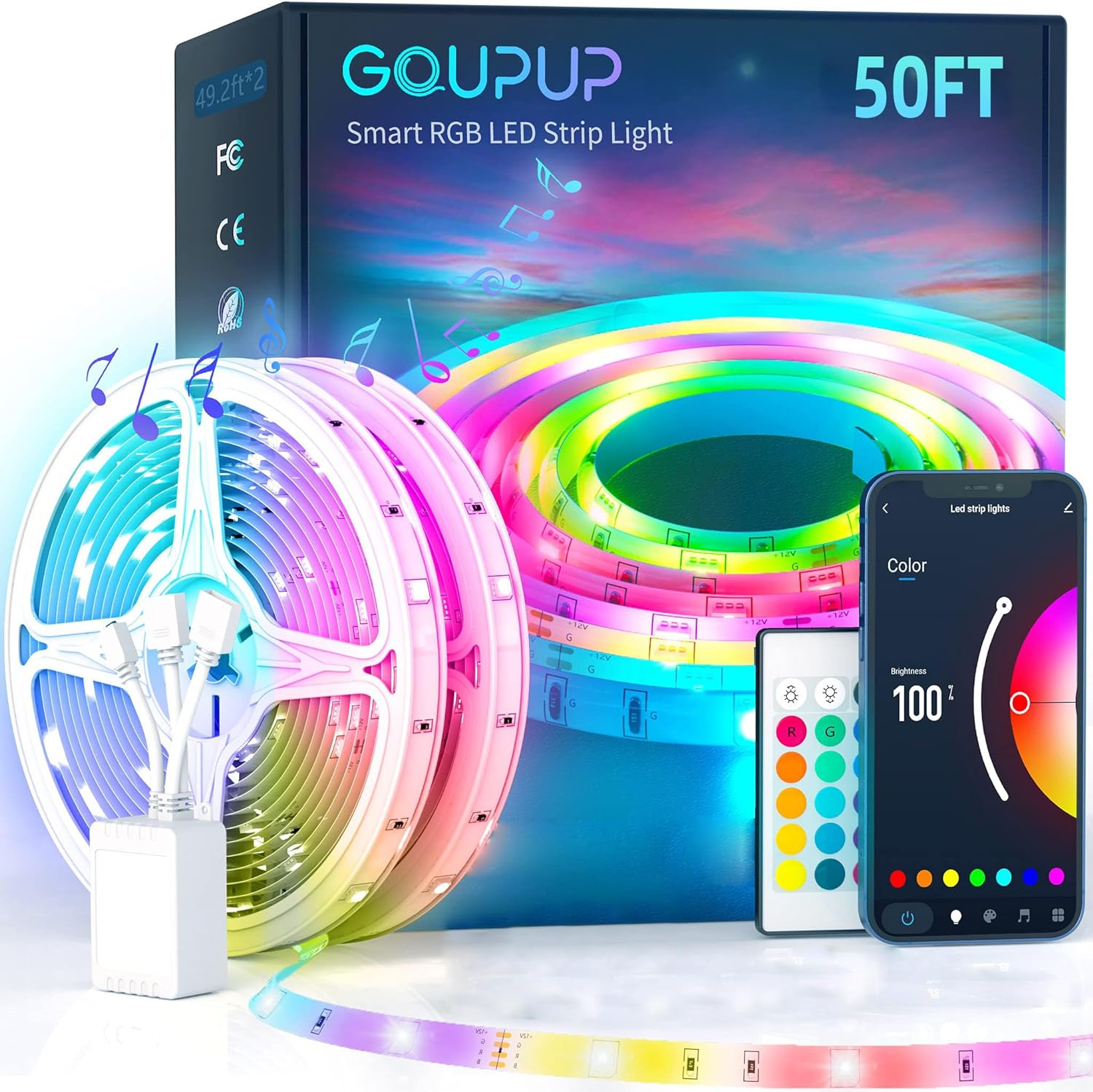 GUPUP 50 FT LED Strip Lights,Bluetooth LED Lights for Bedroom, Color Changing Light Strip with Music Sync,Dual Control(No Power Adaptor)