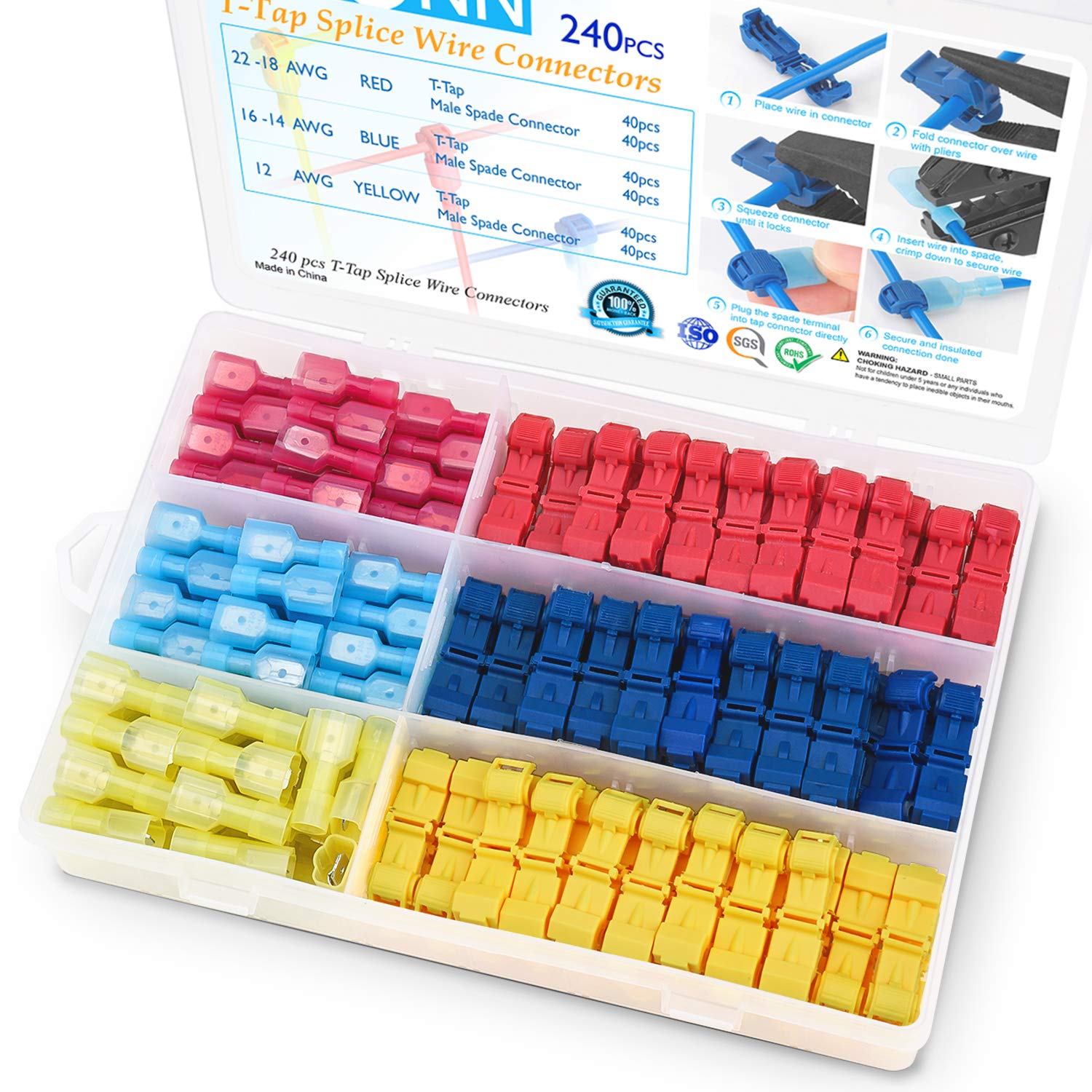 TICONN 240Pcs T Tap Wire Connectors, T Wire Quick Splice Connector, T Connectors for Wiring with Storage Case (240Pcs)