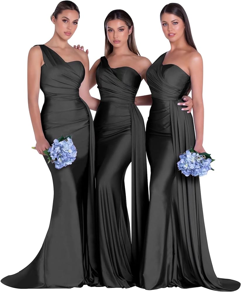 One Shoulder Mermaid Bridesmaid Dresses for Wedding Ruched Satin Prom Dress Bodycon Formal Party Dress